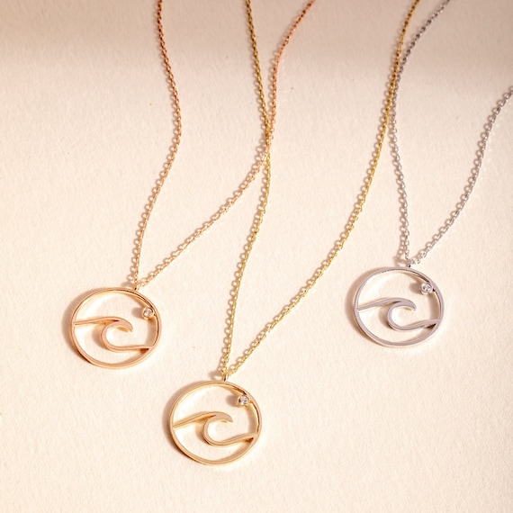 Ocean Wave Necklace, Dainty Beach Necklace, 14K 18K Real Gold Surfer Necklace, Sea Wave Necklace, Genuine Diamond Wave Coin Necklace for Her