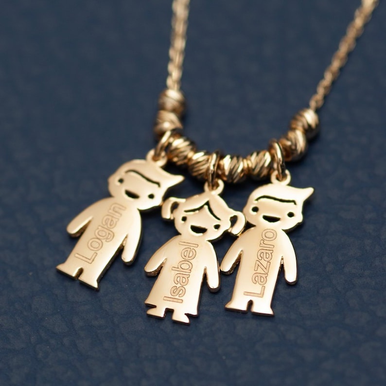 3 4 5 6 Kids 14k Solid Gold Charms Mother\u2019s Necklace Engraved Children Charms Boy Girl Gold Charm Necklace Personalized Family Charms.