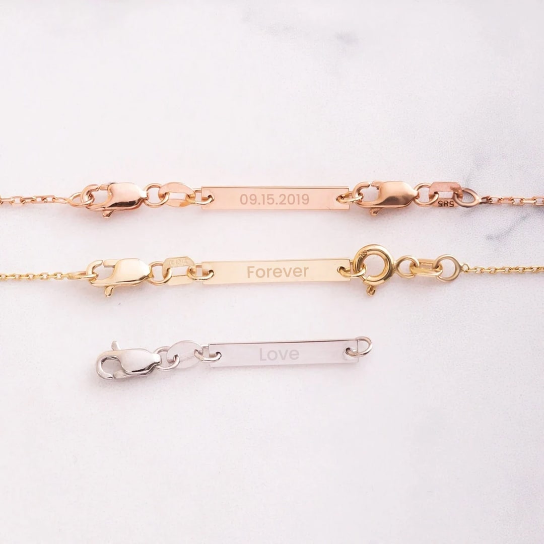 14k 18k Solid Gold Personalized Tiny Bar Tag, Necklace or Bracelet 1.5 ...