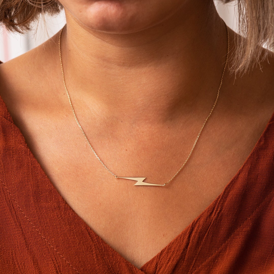 14k Solid Gold Lightning Bolt Necklace, Gold Choker Dainty Sideways Lightning Necklace