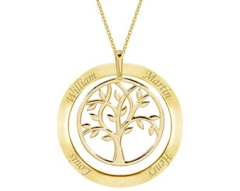 14k Gold Round Family Tree Engraved Name Personalized Necklace, Dainty Family Name Necklace is a Great Gift For Her. Gift For Women