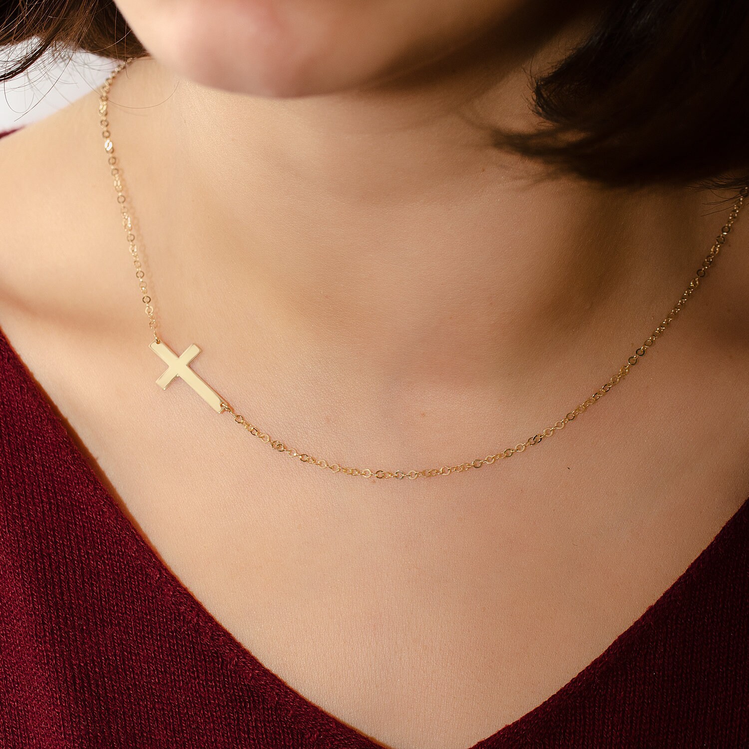 14K Solid Gold Sideways Cross Necklace 
