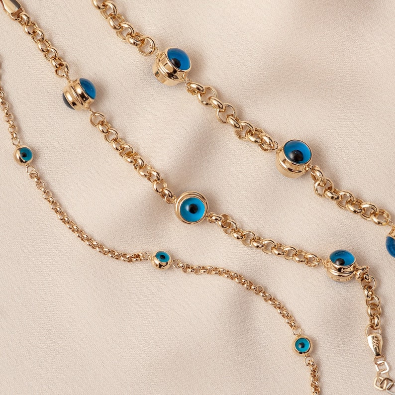 14k Gold Evil Eye Bracelet Evil Eye Rolo Chain Solid Gold Bracelet 1 2 3 4 5 Blue Eyes Real Gold Eye Station Bracelet