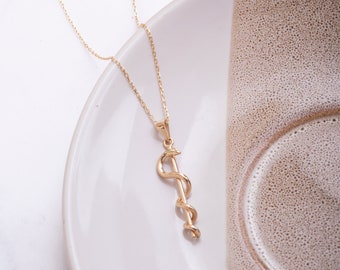 14K 18K oro macizo vara de Asclepio colgante collar, caduceo símbolo de la medicina, símbolo de curación serpiente colgante regalo para enfermeras médicos