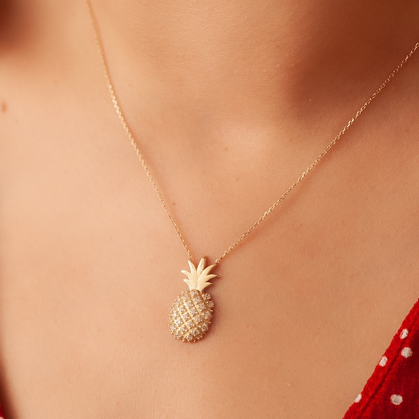 14k 18k Massivgold Echte Diamant oder Cz Ananas Halskette, Zierliche Tropische Frucht Ananas Halskette ist ein großes Geschenk für Sie, Geburtstagsgeschenk