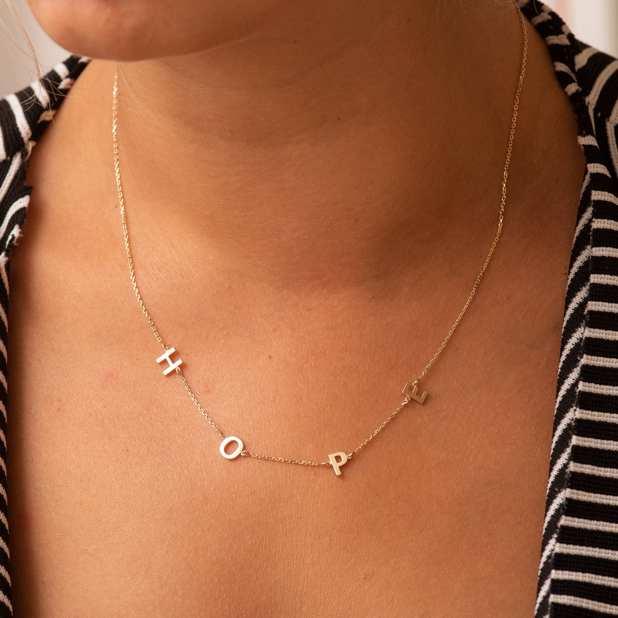 14K 18K Solid Gold Letter Hope Necklace Real Gold Hope Etsy