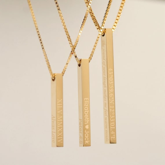 14k Solid Gold Box Chain Name Necklace, Custom Engrave Vertical