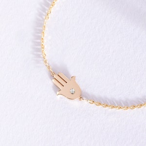 Diamond Hamsa Bracelet 14k 18k Solid Gold, Birthstone Fatima Hand Bracelet, Dainty Diamond Lucky Hamsa Bracelet, Birthday Gift For Her