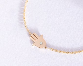 Diamond Hamsa Bracelet 14k 18k Solid Gold, Birthstone Fatima Hand Bracelet, Dainty Diamond Lucky Hamsa Bracelet, Birthday Gift For Her