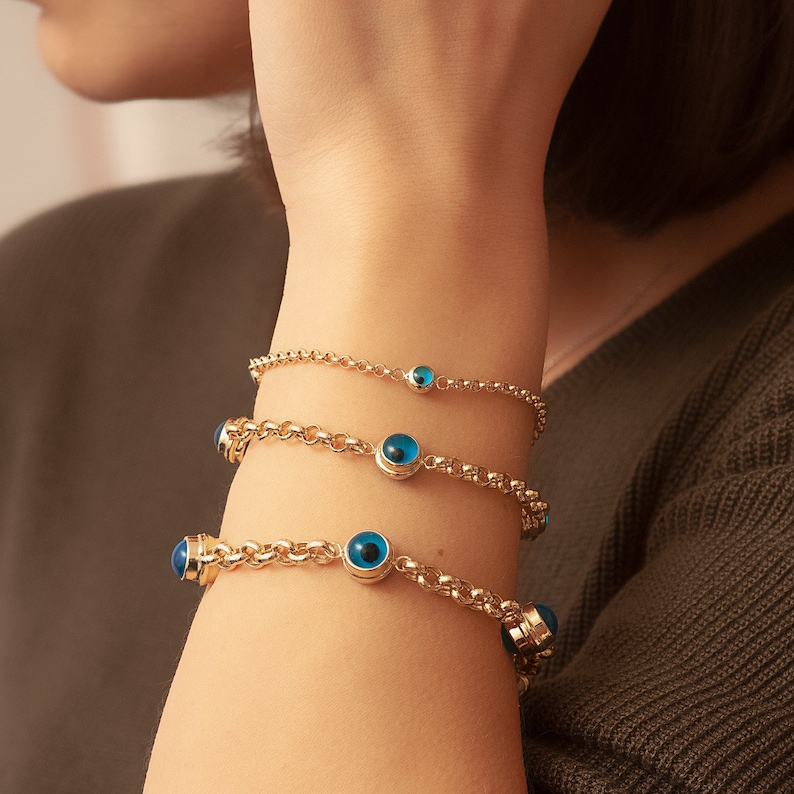 14k Gold Evil Eye Bracelet Evil Eye Rolo Chain Solid Gold Bracelet 1 2 3 4 5 Blue Eyes Real Gold Eye Station Bracelet