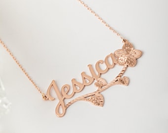 Custom Floral Script Name Necklace, 14K Real Gold Personalized Birth Month Necklace, Diamond Cut Birth Flower Nameplate
