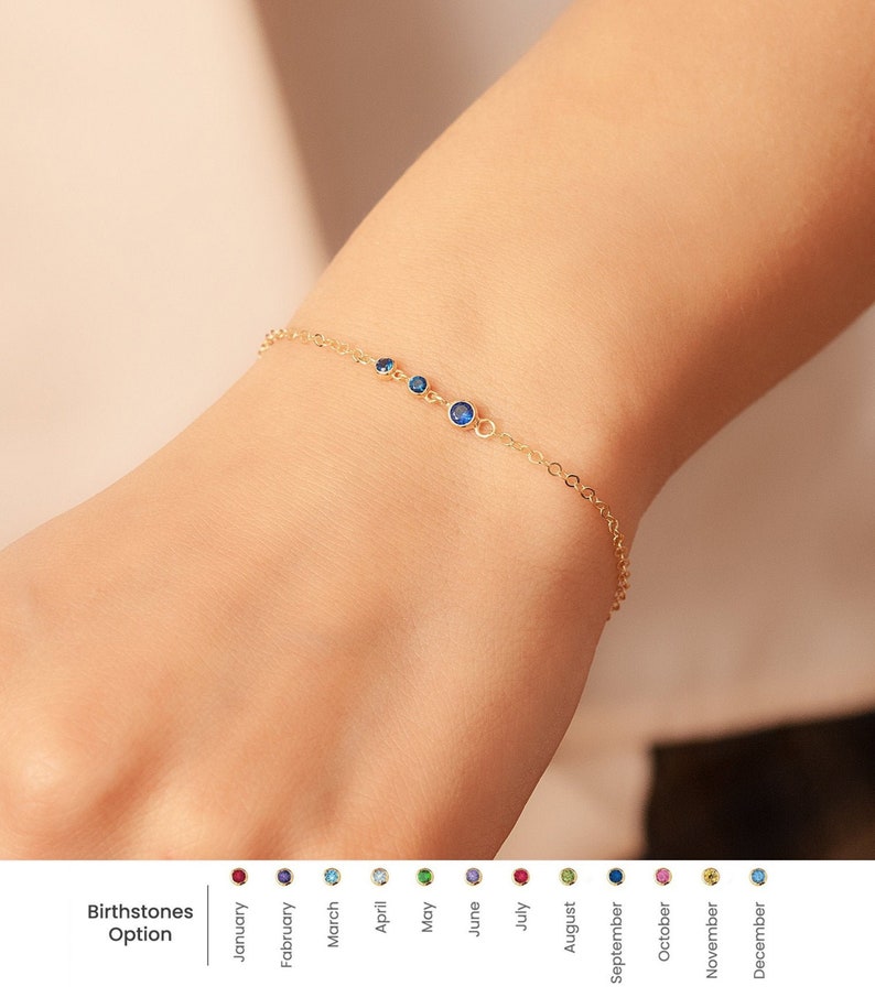 14K Solid Gold Trio Birthstone Bracelet, Real Solid Gold Lady's Dainty Bracelet, Minimalist Bracelet, Custom Birthstone Gold Chain Bracelet image 5