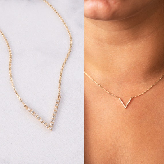 14k Solid Gold Diamond V Necklace 