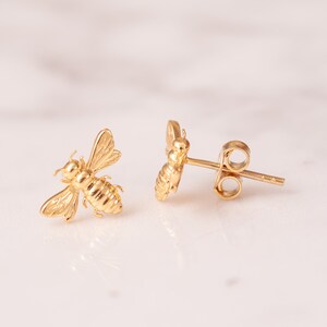 14k Solid Gold Bee Studs Earrings, White or Rose or Yellow Gold Bee ...