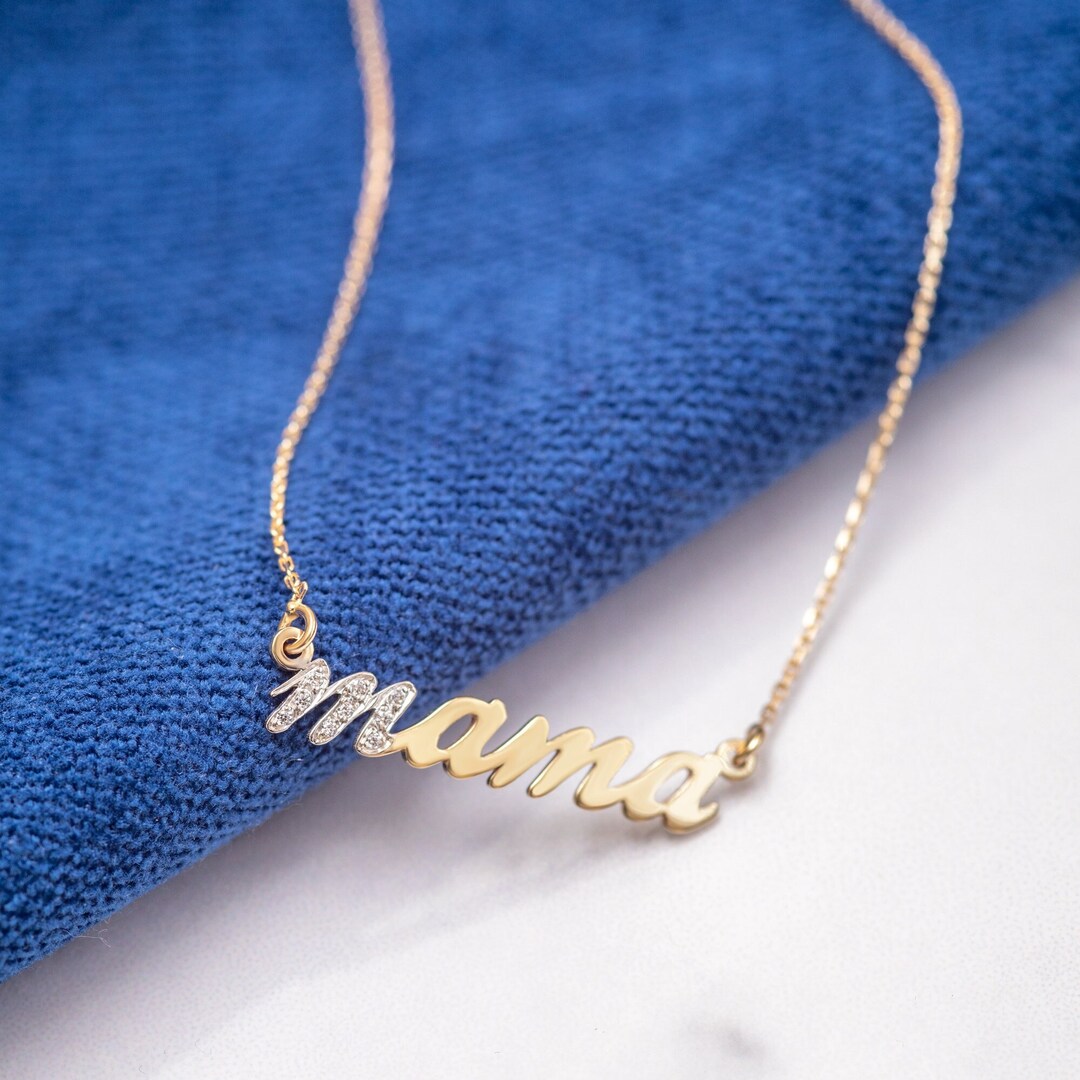 14K Solid Gold Diamond Mama Necklace, New Mom Gift Mama Gold Necklace
