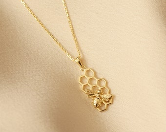 Honeycomb and Bee Gold Necklace, Bee on Honeycomb 14k Solid Gold Necklace, HoneyComb Bee Pendant Necklace is a Great Gift for Her.