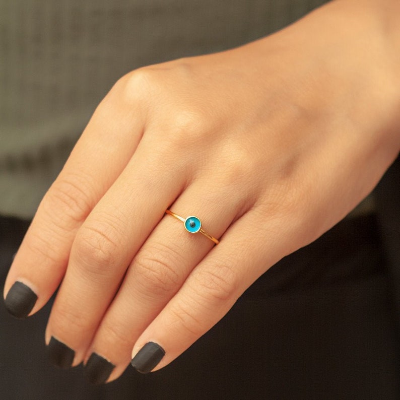 14k Solid Gold Evil Eye Ring Dainty Blue Turkish Eye Ring is Etsy