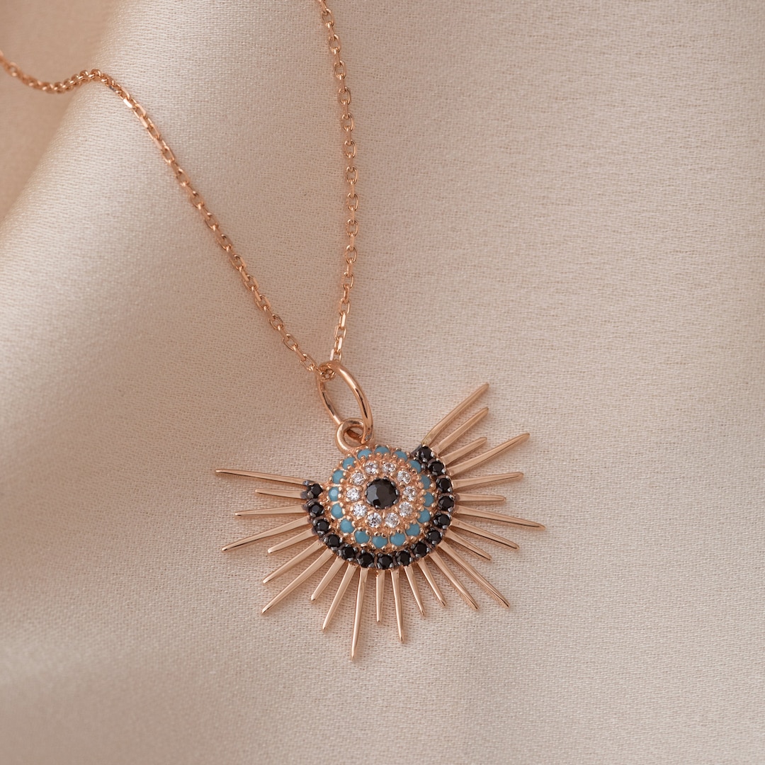 14K 18K Solid Gold Evil Eye Sun Necklace, Sunburst Evil Eye