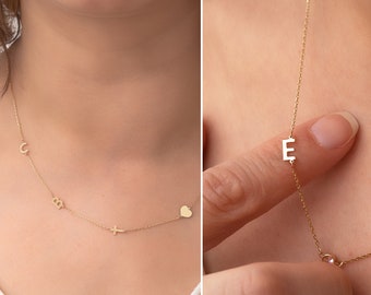 18k Solid Gold Sideways Initial Gold Necklace, Initial Letter Necklace, Personalized Multiple Letter Necklace, Personalize Bridesmaid Gift.