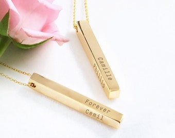 Real 18K Gold Vertical Custom Engraved 4 Side Bar Necklace, Personalized Name Numeral Coordinates Date Necklace, Memorial Necklace Gift For