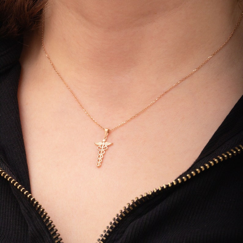 Caduceus Necklace in 14K 18K Solid Gold, Medical Symbol Necklace ...