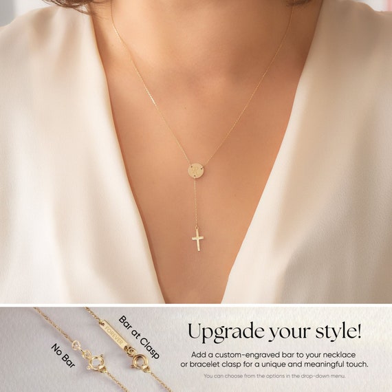 Disk and Cross Drop Necklace Lariat Style 14k White Gold Adjustable Length Disk and Cross Drop Necklace Lariat Style 14k White Gold Adjustable Length