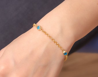 14k Gold 6 mm Evil Eye Bracelet, 1 2 3 4 5 6 Eyes Rolo Link Chain Nazar Bracelet is Great Gift For Her Mothers day gift. Gift For Christmas