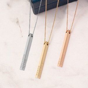 14K Solid Gold Personalized Triangle Bar Necklace, Three Sided Name Coordinate Necklace, Engrave Name Date Bar Necklace is a Bridesmaid Gift