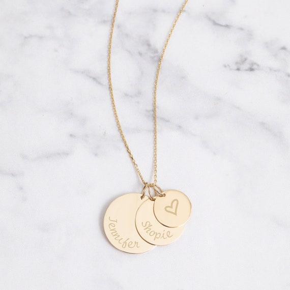 14 Solid Gold Kids Name Necklace, Custom Name Disc Family Necklace, Multiple Disc Baby Name Engrave Necklace, Personalized Necklace Gift for