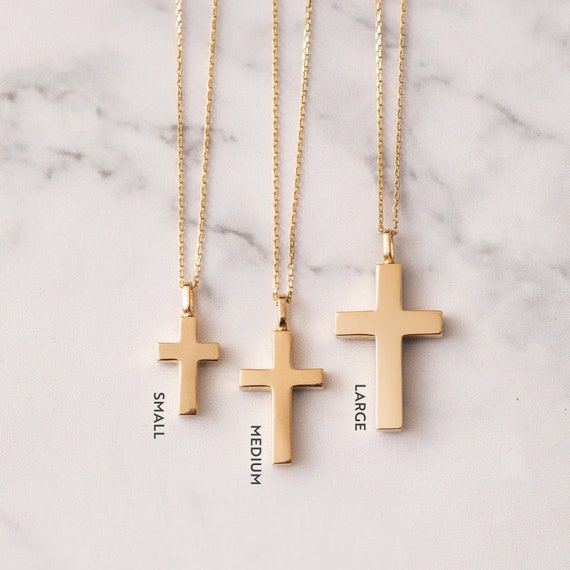 Cross Cremation Urn Necklace 10K 14K 18K Gold, Both Side Custom Engraved Memorial Cross Pendant, Vertical Ashes Necklace For Dad Mom Son Pet