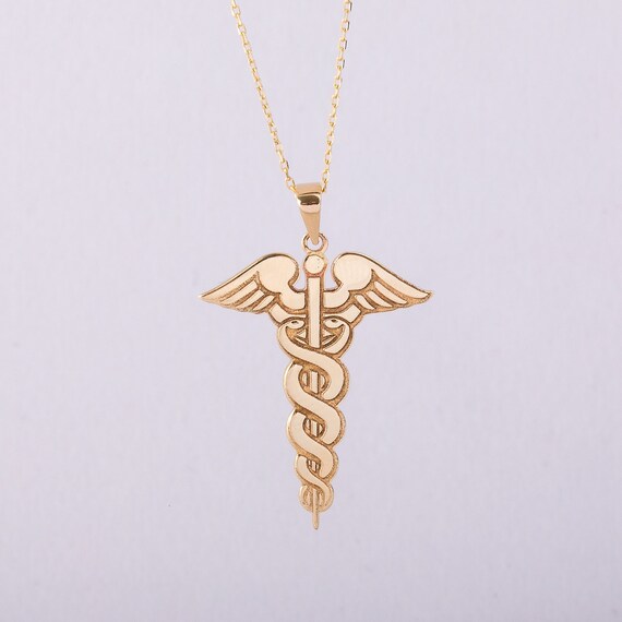 14K 18K Solid Gold Caduceus Necklace Caduceus Symbol of Medicine