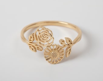 Custom Family Birth Flower Ring, 14K 18K Solid Gold Dual Flower Bypass Ring, Cutout Botanical Band