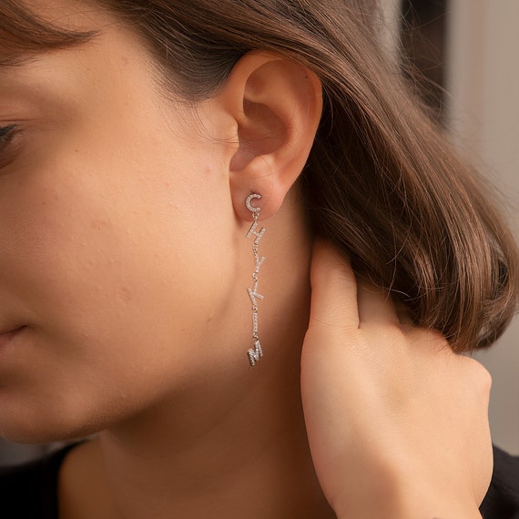 14K Diamond Letter Earrings Cz Dangle Initial Earring