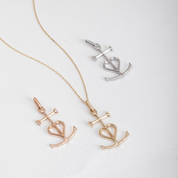 Camargue korshänge, 14K 18K äkta guld tro hopp kärlek kors halsband, ankare korshänge, andliga smycken, minnesgåva till henne honom