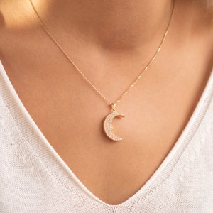 14K 18K Real Gold Crescent Man in the Moon Urn Diamond Necklace, Cz Moon Cremation Urn Pendant, Custom Engrave Ashes Holder Necklace for
