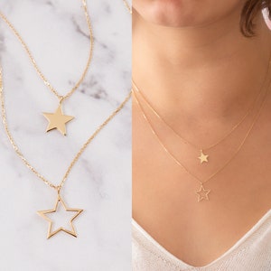 14k Solid Gold Star Layered Necklace Set, Plain Star and Cutout Star Gold Tiny Necklace Set, Dainty Star Necklace is a great gift for Her.