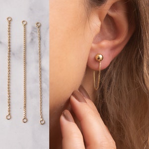 14k Solid Gold Convertible Single Earring Chain, Threader Convertible Ear Jacket Gold, Earring Ball Beaded Cable or Box Link Chain Connector
