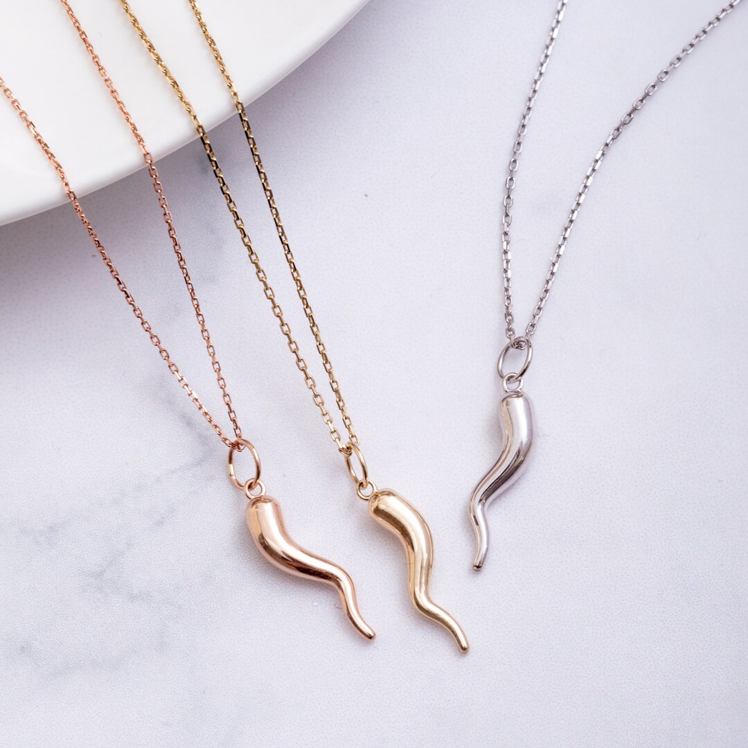 14k 18k Solid Gold Italian Horn Necklace, Good Luck Charm, Dainty