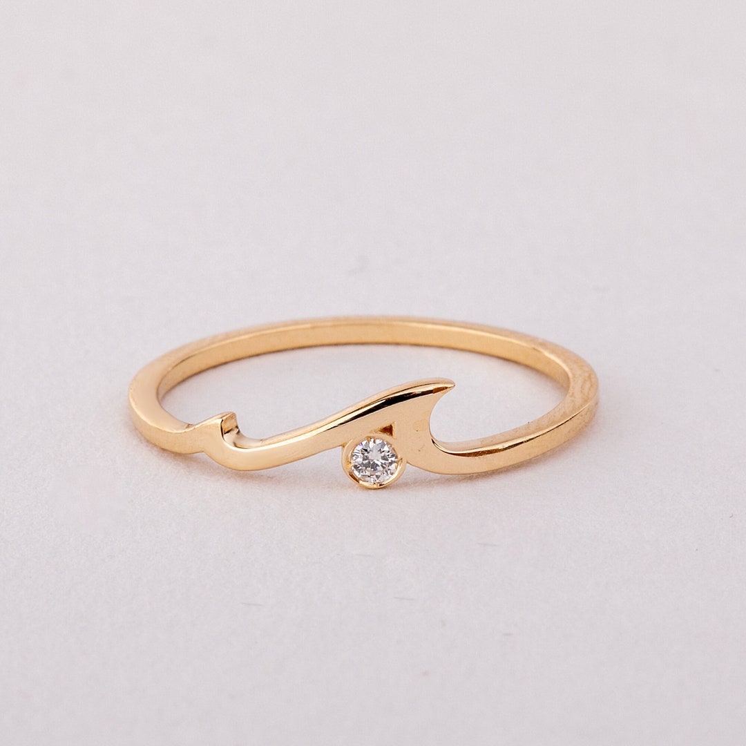 14K 18K Solid Gold Ocean Wave Ring, Dainty Diamond Cz Wave Minimalist ...