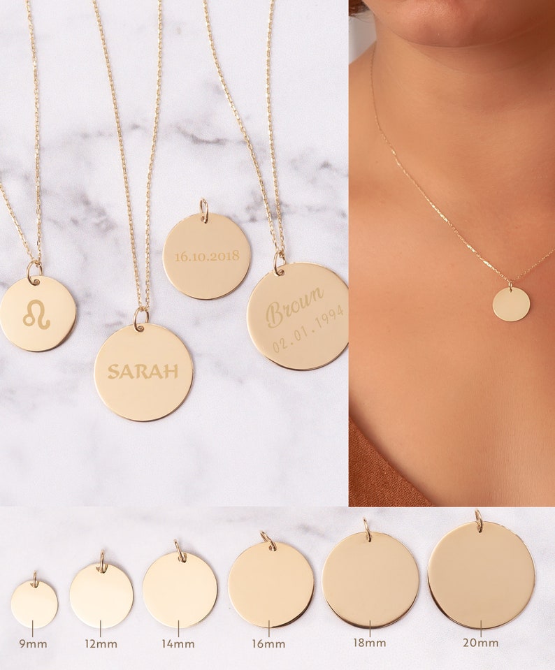 14K Solid Custom Engrave Disk Necklace, Personalized Dainty Solid Gold Charm Pendant, Real Gold 2 Side Engravable Multi Disc Pendant Gift image 1