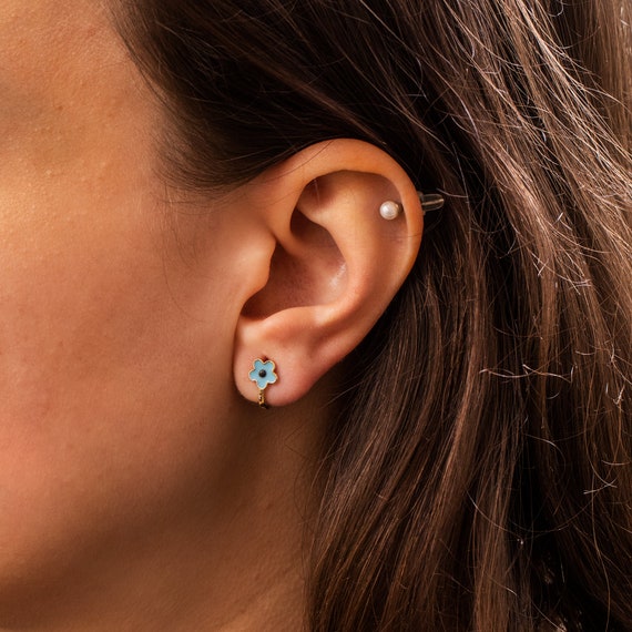 14K 18K Yellow Gold Blue Enamel Flower Back Baby Girls Earrings