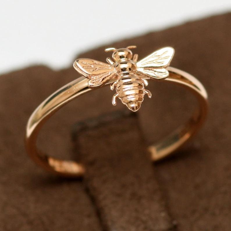 14k 18k Solid Gold Bee Stacking Ring Honey Bee Engagement Etsy