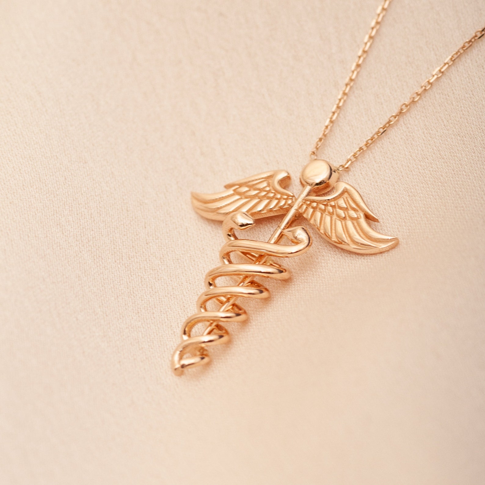 14K 18K Solid Gold Caduceus Necklace Caduceus Symbol of - Etsy