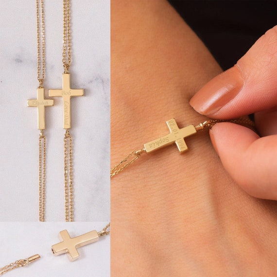 14K 18K Real Gold Cremation Urn Cross Bracelet, 2 Side Custom Engrave Memorial 3D Bracelet, Ashes Funeral Gold Bracelet For Dad Mom Son Pet