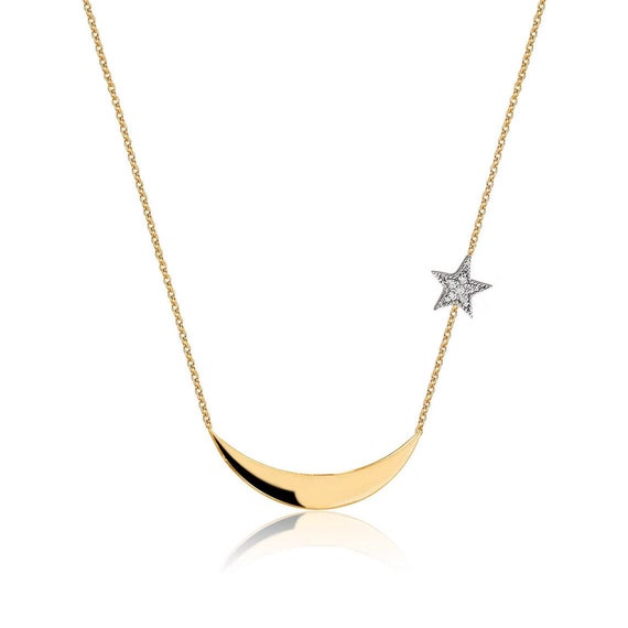 Collana con luna e stella in oro 14k e 18k, collana con ciondolo a forma di mezzaluna e stella, collana con luna e stella in diamanti o zirconi, regalo - Italia