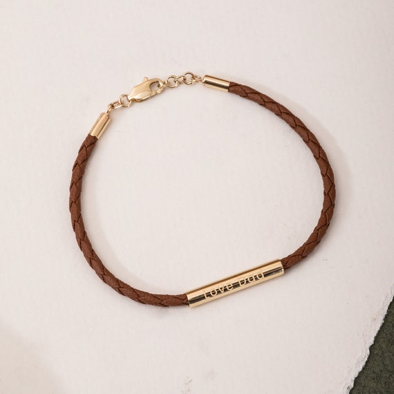 14K 18K ソリッドゴールドチューブ編みレザーブレスレット、カスタム