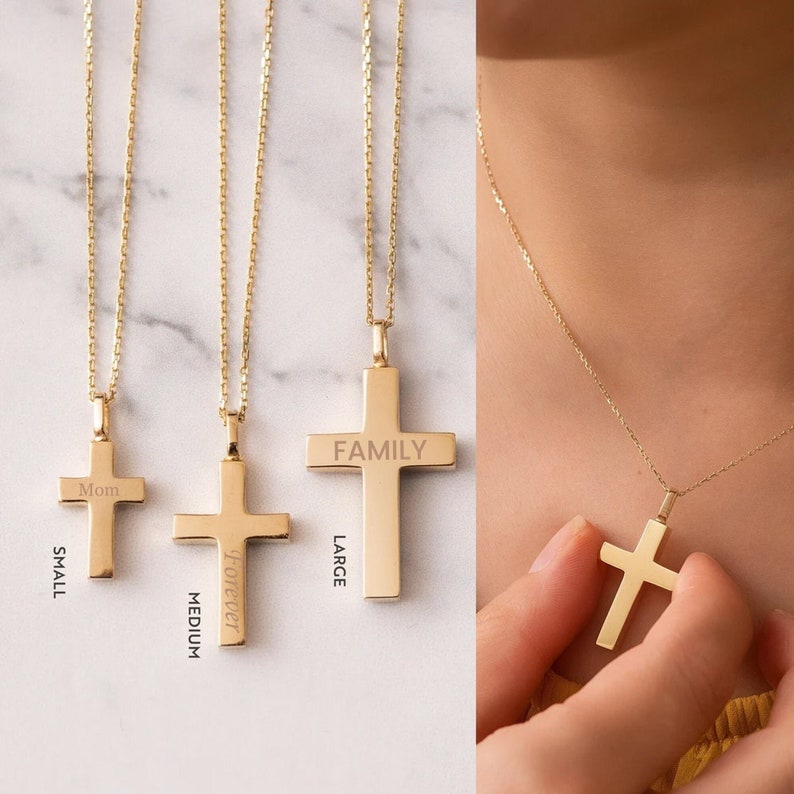 May include: Three gold cross necklaces with different sizes and engravings. The smallest cross is engraved with "Mom", the medium cross is engraved with "Forever", and the largest cross is engraved with "FAMILY".