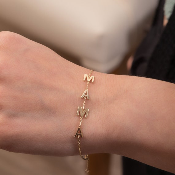  14K Real Solid Gold Initial Bracelet for Women