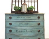 SOLD Please do not attempt to purchase. Blue Thomasville Federal Style Buffet with French Inspired Image Transfer Shipping Included
