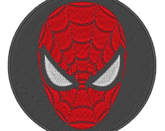 May include: A red and white embroidered patch with a stylized image of Spider-Man's mask. The patch is circular and has a black background.